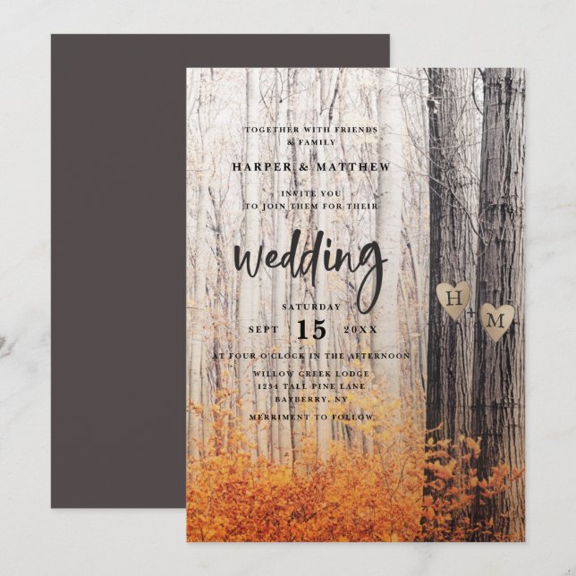 Die zwei Liebhaber der Waldhochzeit der Bäume fall Einladung (Vorne/Hinten)