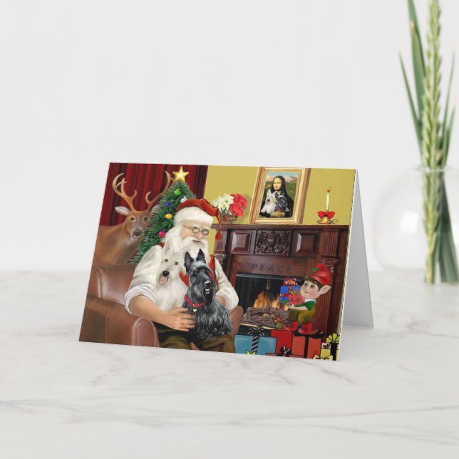 Die zwei schottischen Terrier des Weihnachtsmanns Feiertagskarte (Vorderseite)