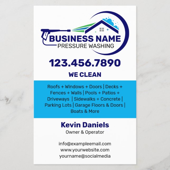 Dienstleistungen der Reinigung mit weißem und blau Flyer (Vorne)