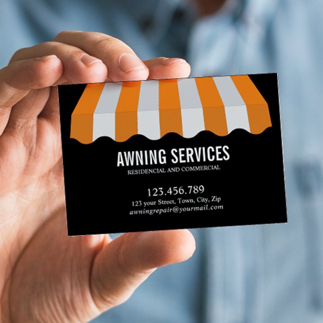 Dienstleistungen zur Reinigung von Beruflichem Gel Visitenkarte (Yellow and White Striped Awning Business Card: Custom Design, Repair, Motorization, and More Service)