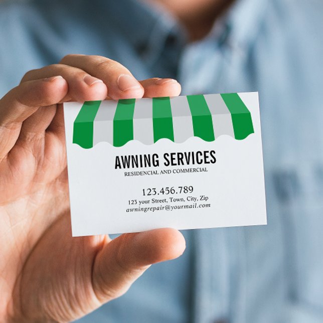 Dienstleistungen zur Reinigung von Beruflichem Wei Visitenkarte (Stylish Green and White Striped Awning Business Card: Name in Clean Sans Serif Font")