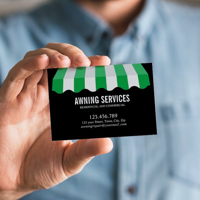 Dienstleistungen zur Reinigung von Beruflichem Wei Visitenkarte (Striped Green and White Awning Business Card: Sleek Sans Serif Name in White Font)