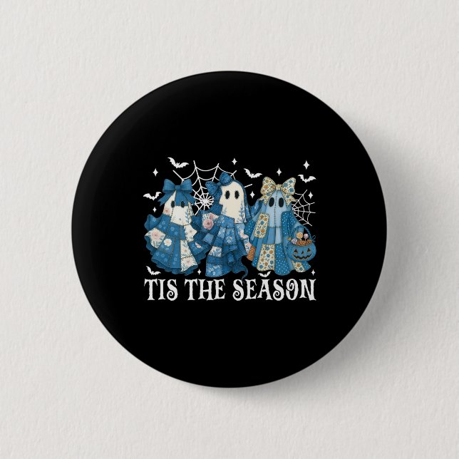 Dies ist die Saison Blue Patchwork Ghost Pumpkin S Button (Vorderseite)