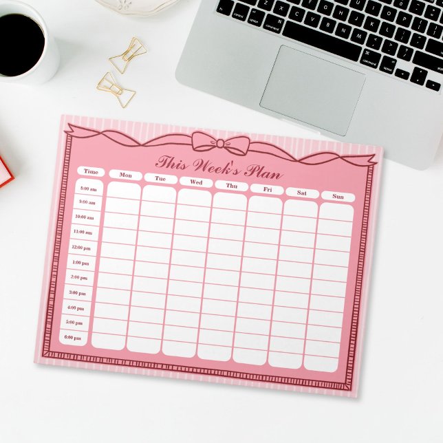 Diese Woche Plan Stundeneinteilung Rosa Notizblock (Pink Bow This Week's Plan Hourly Schedule Notepad)