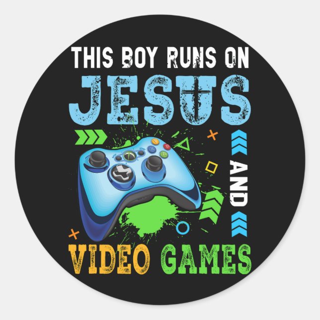 Dieser Junge läuft auf Jesus und Videospielen Chri Runder Aufkleber (Vorderseite)