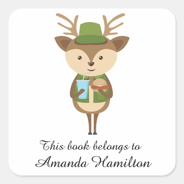 Dieses Buch gehört Niedlich Hungry Fawn Quadratischer Aufkleber (Vorderseite)