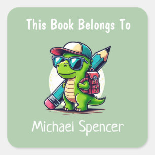 Dieses Buch gehört Niedlichen Jungen Dinosaurier G Quadratischer Aufkleber