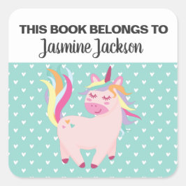 Dieses Buch gehört w/ rainbow unicorn & herzen Quadratischer Aufkleber