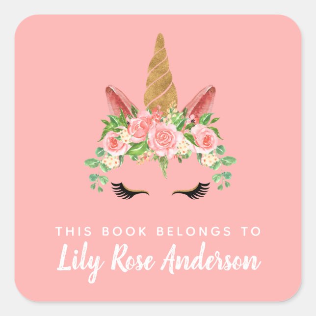 Dieses Buch gehört zu rosa Einhorn-Buchzeichen Quadratischer Aufkleber (Vorderseite)