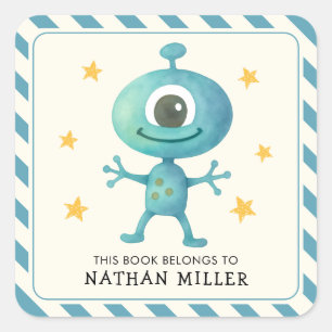 Dieses Buch gehört zu Space Alien Kid's Exlibris Quadratischer Aufkleber