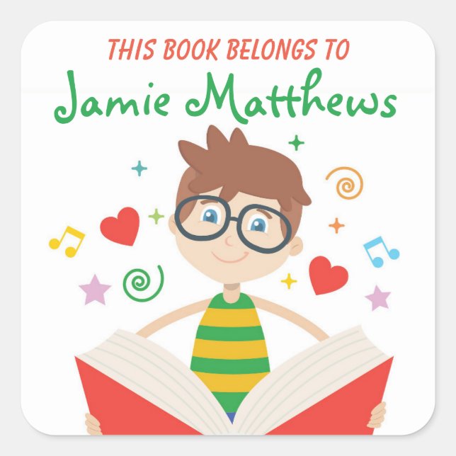Dieses Buch gehört zum Cartoon Junge lesen Quadratischer Aufkleber (Vorderseite)