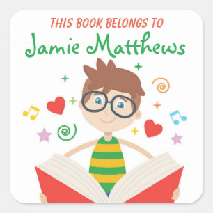 Dieses Buch gehört zum Cartoon Junge lesen Quadratischer Aufkleber