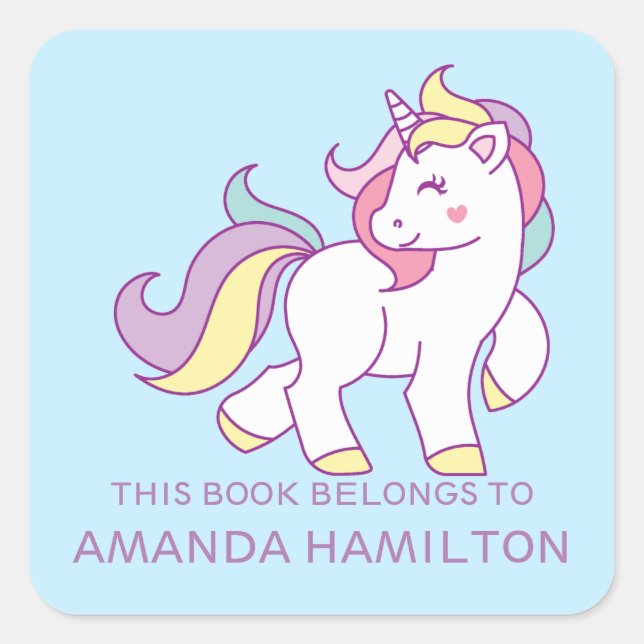 DIESES BUCH GEHÖRT ZUM PINKEN NIEDLICHER UNICORN B QUADRATISCHER AUFKLEBER (Vorderseite)