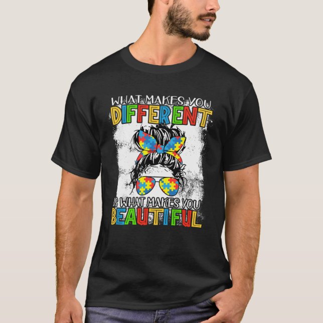 Different Autism Awareness Puzzle Piece Messy Bun  T-Shirt (Vorderseite)