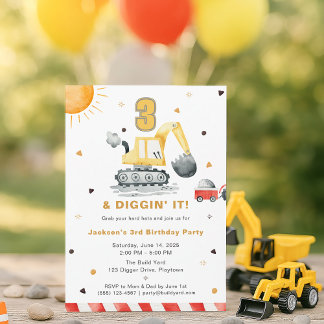 Digger Truck Construction 3rd Birthday Party Einladung
