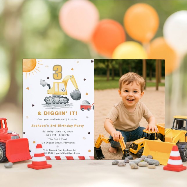 Digger Truck Construction 3rd Birthday Party Photo Einladung (Von Creator hochgeladen)