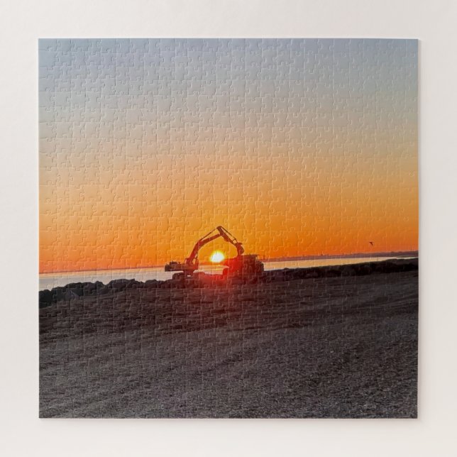 Digger und Truck Framing Sonnenuntergang am Meer Puzzle (Vertikal)