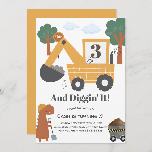 Diggin' It Construction Theme Geburtstagsparty Einladung (Vorne/Hinten)