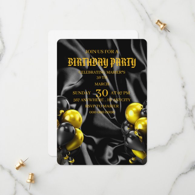 Digital Birthday Dinner Invitation Template, Black Save The Date (Vorderseite/Rückseite Beispiel)