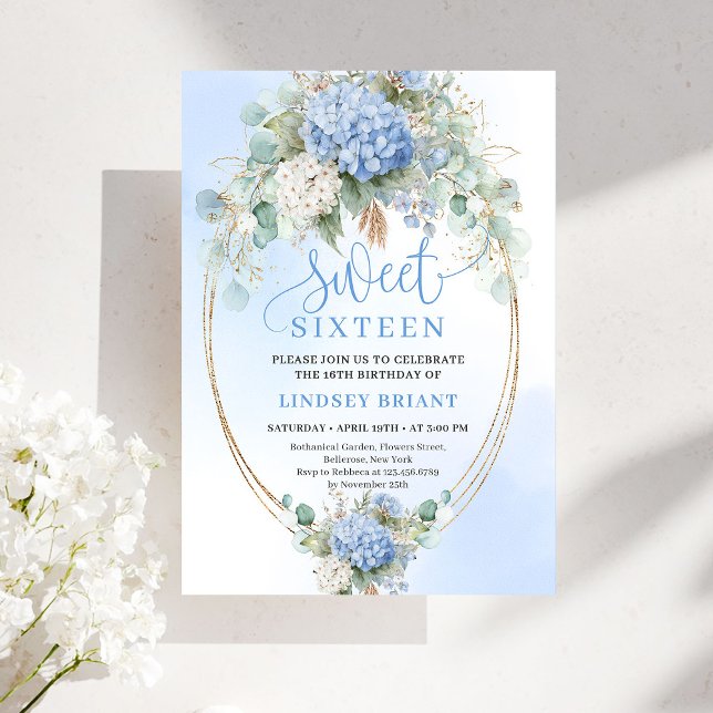 Digital Blue Floral Gold Sweet Sixteen Celebration Einladung (Digital Blue Floral Sweet Sixteen Celebration Invite)