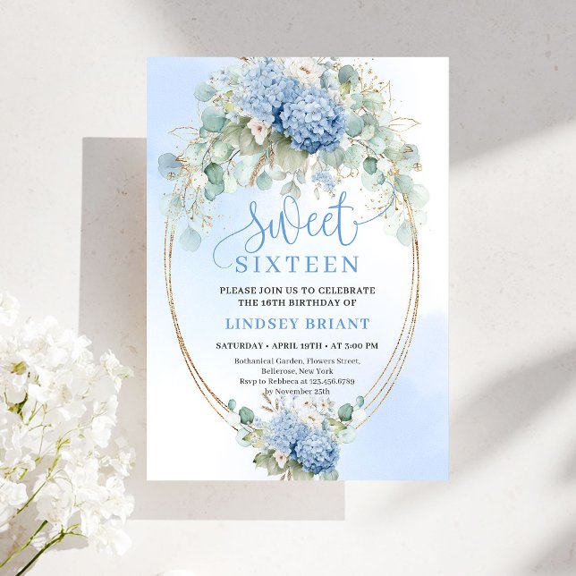 Digital Blue Hydrangea Gold Sweet Sixteen Invite Einladung (Digital Blue Hydrangea Gold Sweet Sixteen Invitation)