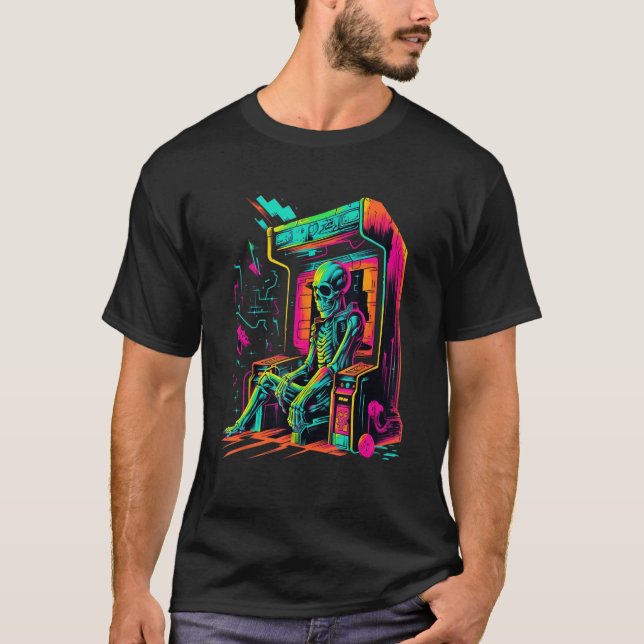 Digital Bones  Skeleton in Arcade Machine EDM Desi T-Shirt (Vorderseite)