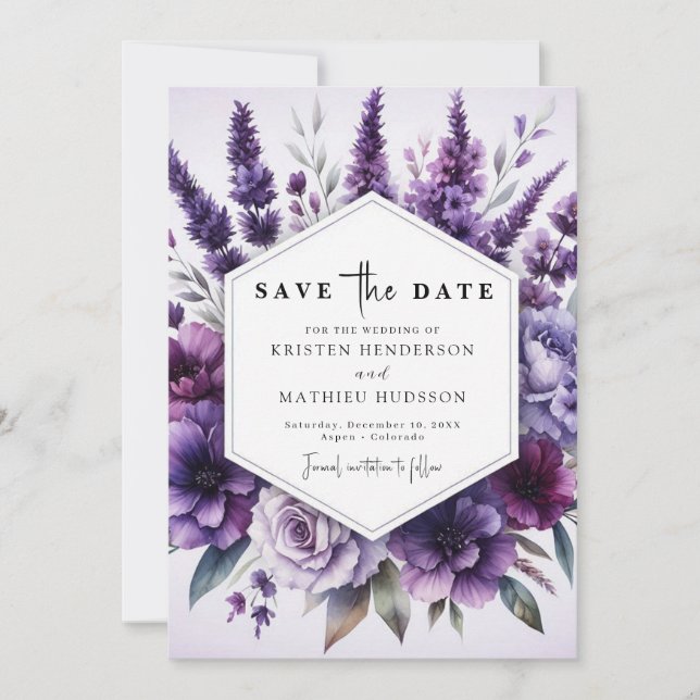 Digital Florals Lila Blumenhochzeit Save The Date (Vorderseite)