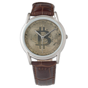 Digital Gold Bitcoin Logo Classic Brown Leather Armbanduhr