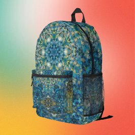 Digital Mandala Blau Weiß und Gelb Bedruckter Rucksack