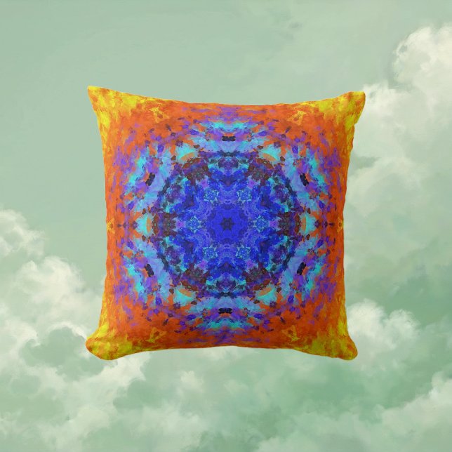 Digital Mandala Blue Orange und Yellow Kissen (Blue Orange and Yellow Digital Mandala Throw Pillow by Wormhole Orbital)