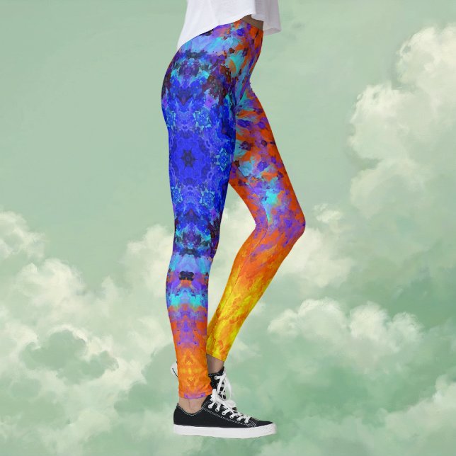 Digital Mandala Blue Orange und Yellow Leggings (Blue Orange and Yellow Digital Mandala Leggings by Wormhole Orbital)