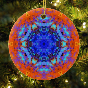 Digital Mandala Blue und Orange Keramik Ornament