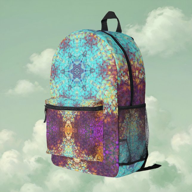 Digital Mandala Blue Yellow und Lila Bedruckter Rucksack (Blue Yellow and Purple Digital Paint Mandala Backpack By Wormhole Orbital)
