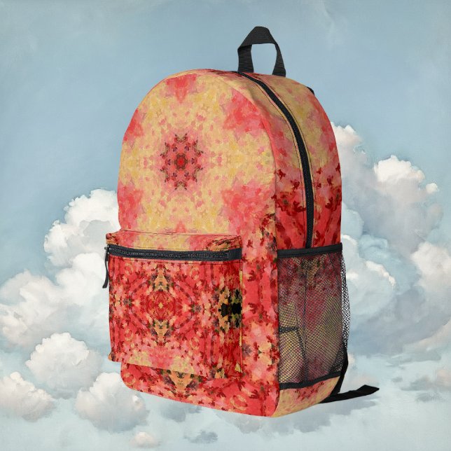 Digital Mandala Gelb, Rosa und Rot Bedruckter Rucksack (Yellow Pink and Red Digital Paint Mandala Backpack By Wormhole Orbital)