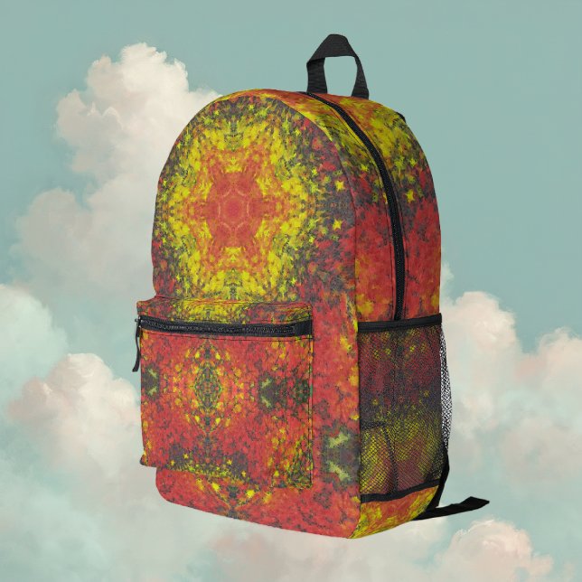 Digital Mandala Gelb rot und schwarz Bedruckter Rucksack (Yellow and Red Digital Paint Mandala Backpack By Wormhole Orbital)