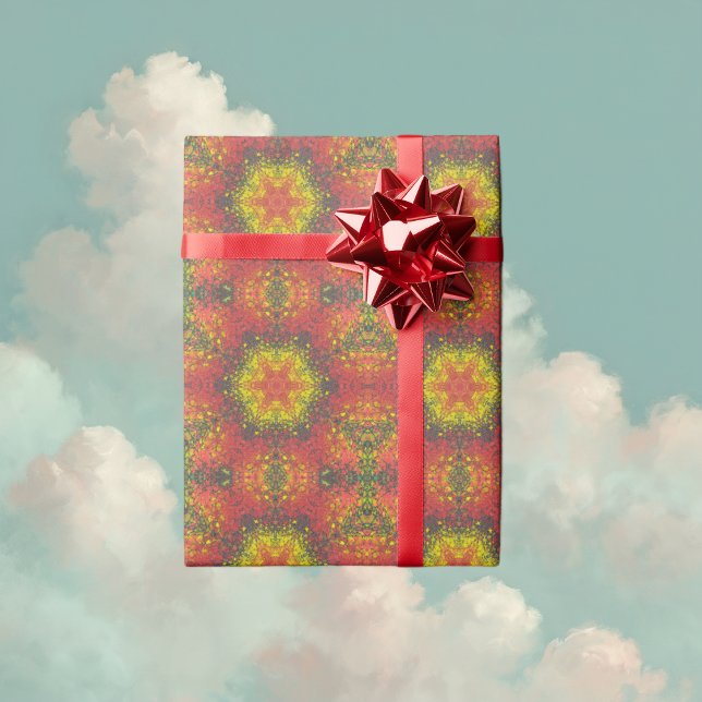 Digital Mandala Gelb rot und schwarz Geschenkpapier (Yellow and Red Digital Paint Mandala Wrapping Paper By Wormhole Orbital)