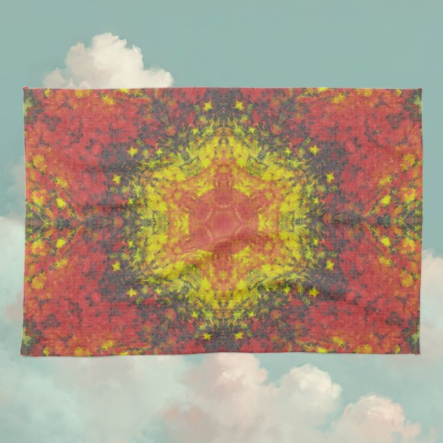 Digital Mandala Gelb rot und schwarz Geschirrtuch (Yellow and Red Digital Paint Mandala Kitchen Towel By Wormhole Orbital)
