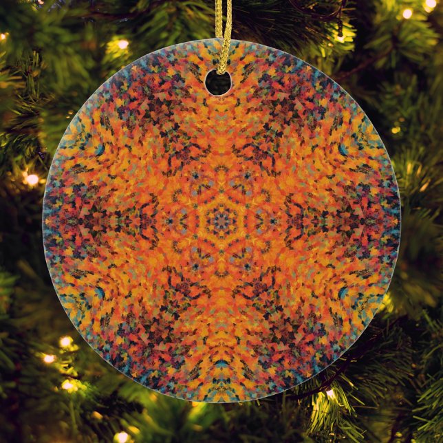 Digital Mandala Orange Blue und Yellow Keramik Ornament (Orange Yellow and Blue Digital Paint Mandala Ornament by Wormhole Orbital)