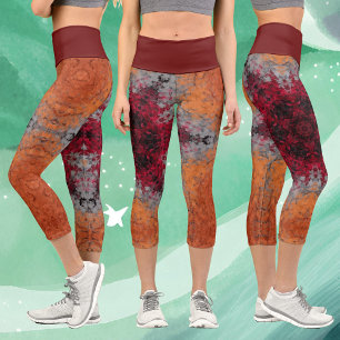 Digital Mandala Red Orange und Blue Capri Leggings