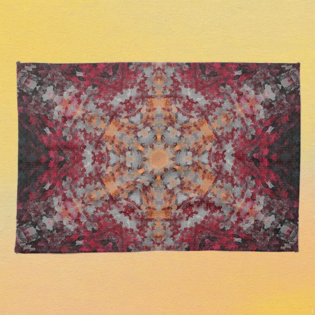 Digital Mandala Red White Orange und Black Geschirrtuch (Red White Orange and Black Digital Paint Mandala Kitchen Towels By Wormhole Orbital)