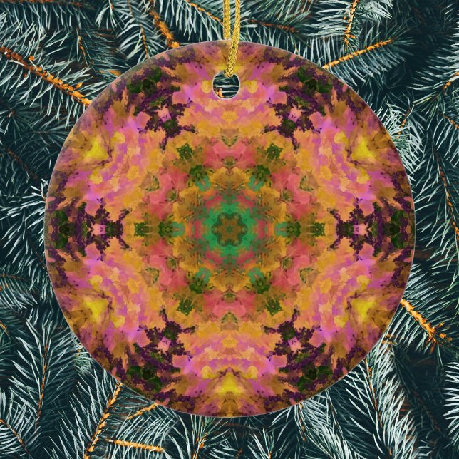 Digital Mandala Rosa Gelb und Grün Keramik Ornament (Pink Yellow and Green Digital Paint Mandala Ornament by Wormhole Orbital)