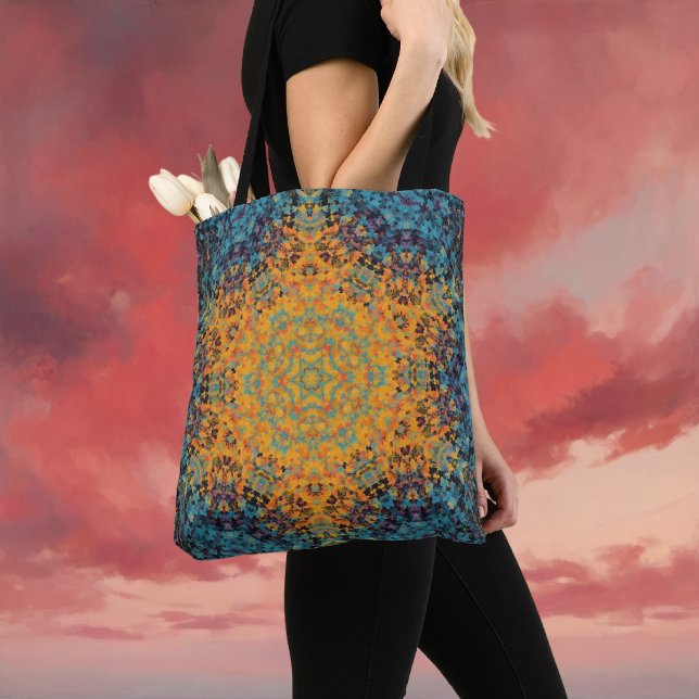 Digital Mandala Yellow Blue und Red (Yellow Blue and Red Digital Mandala Tote Bag by Wormhole Orbital)