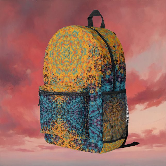 Digital Mandala Yellow Blue und Red Bedruckter Rucksack (Yellow Blue and Red Digital Mandala Backpack by Wormhole Orbital)