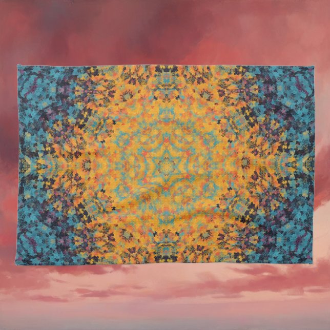 Digital Mandala Yellow Blue und Red Geschirrtuch (Yellow Blue and Red Digital Mandala Kitchen Towel by Wormhole Orbital)