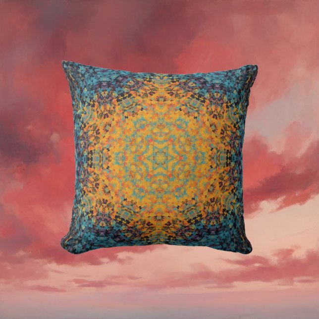 Digital Mandala Yellow Blue und Red Kissen (Yellow Blue and Red Digital Mandala Throw Pillow by Wormhole Orbital)