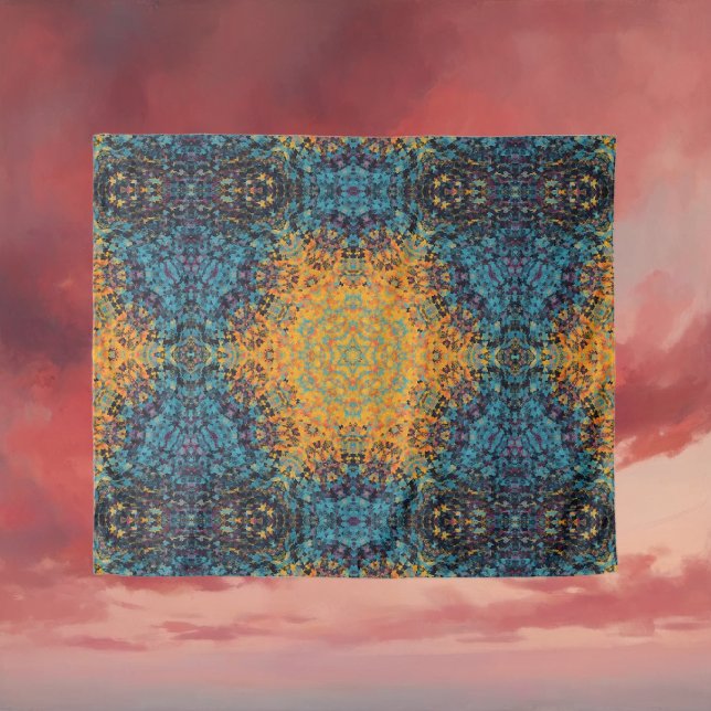 Digital Mandala Yellow Blue und Red Wandteppich (Yellow Blue and Red Digital Mandala Tapestry by Wormhole Orbital)