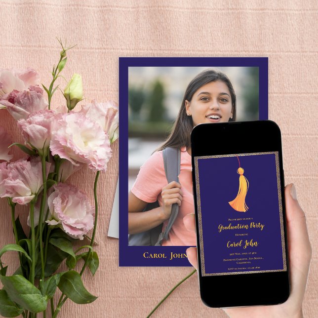 Digital Navy Blue Gold Tassel Graduation Party Einladung (Digital Graduation Party Invitation | Navy Blue Gold Tassel Graduation Invite)