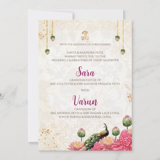 Digital Peacock Wedding Card Indische Hochzeitkart Einladung (Vorderseite)