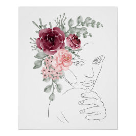 Digital product woman line art red flowers poster