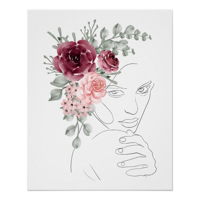 Digital product woman line art red flowers poster (Vorderseite)